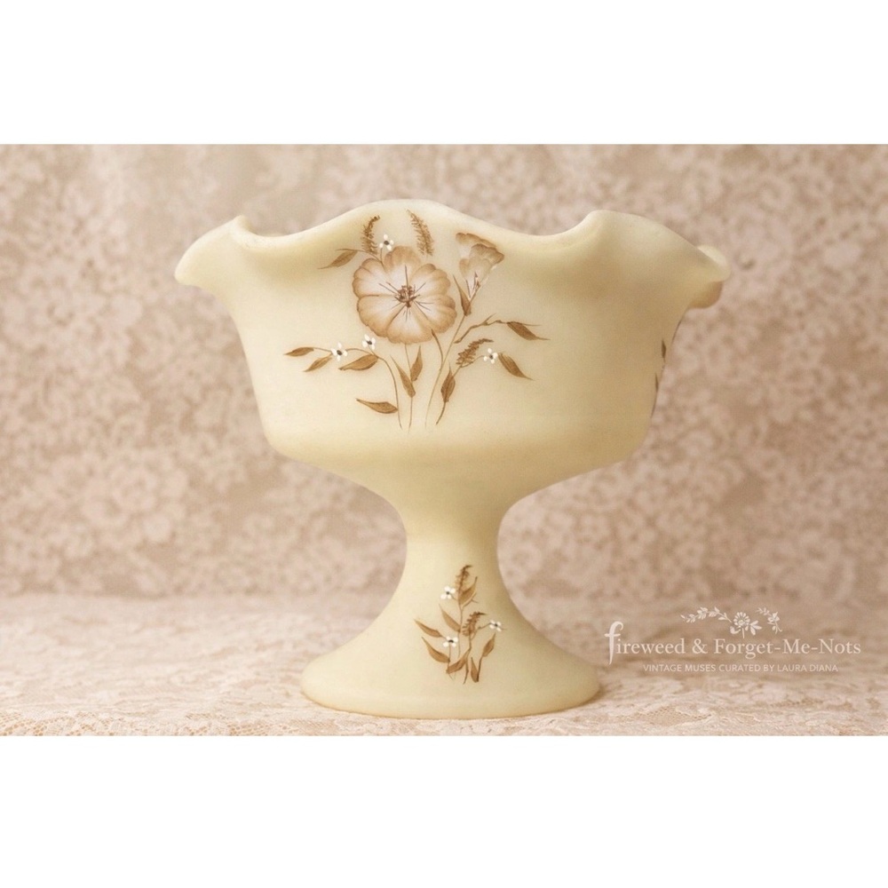 Large Signed Art Fenton Satin Custard Glass Compote Hand Painted Artist Jackie D